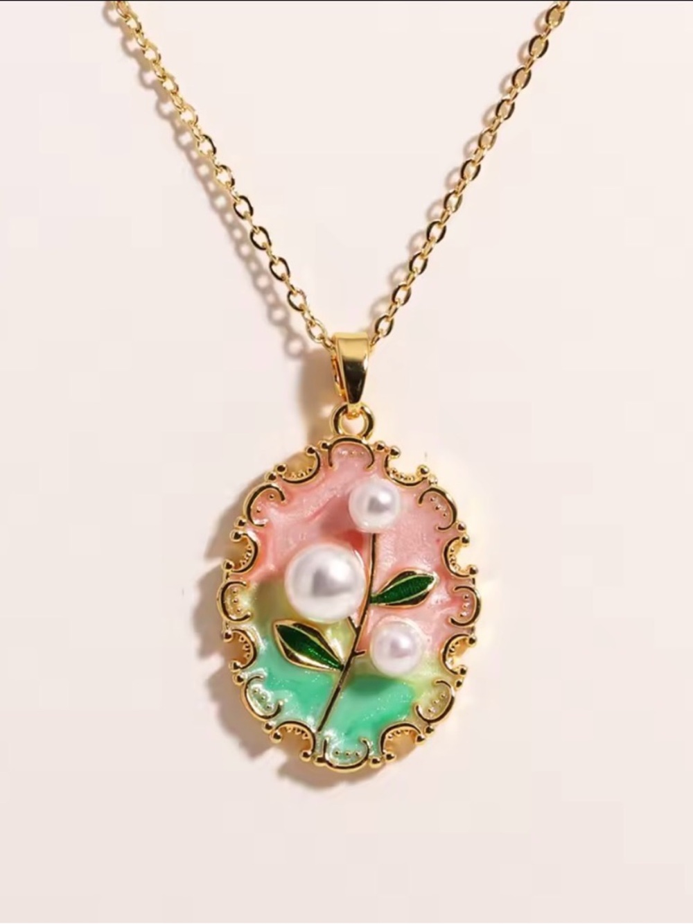 Gold Floral Pearl Pendant Necklace - Pink & Mint